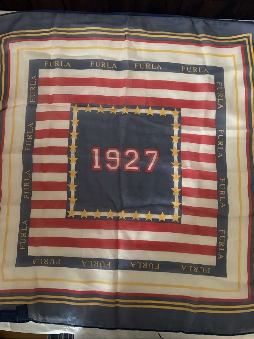 Furla 1927 Silk Scarf in Navy, Red & White with Gold Stars With COA